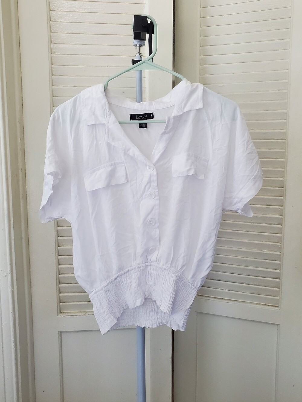 Love White Button Up Smocked Bottom Blouse Size M